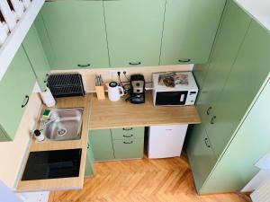 una vista aérea de una pequeña cocina con armarios verdes en Central Cozy Apartment, en Cluj-Napoca