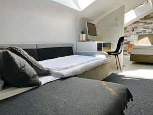 a living room with a bed and a couch at Living at Saarpartments - Business & Holiday Apartments with Netflix for Long- and Short term Stay, 3 min to St Johanner Markt and Points of Interest in Saarbrücken