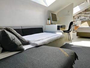 a living room with a bed and a couch at Living at Saarpartments - AdultsOnly - Business & Holiday Homes with Kitchen for Long- and Short Term stay, 3 min to St Johanner Markt and Points of Interest in Saarbrücken