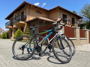 dos bicicletas están estacionadas frente a una casa en Villa Aruba & Private SPA Suites, en Keszthely