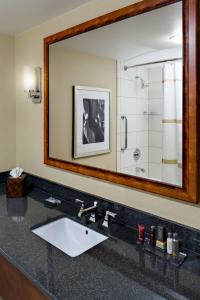 a bathroom with a sink and a large mirror at Radisson Hotel Cedar Rapids in Cedar Rapids