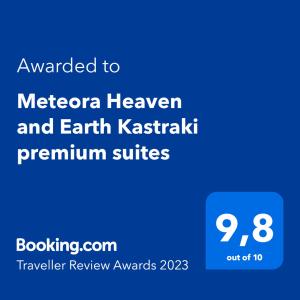 Сертификат, награда, вывеска или другой документ, выставленный в Meteora Heaven and Earth Kastraki premium suites - Adults Friendly