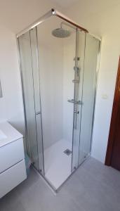 y baño con ducha y puerta de cristal. en Casa Camila en Portonovo, en Sanxenxo