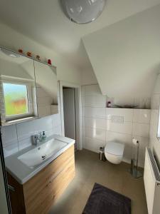 ein Bad mit einem Waschbecken und einem WC in der Unterkunft S´Neunal in Freundorf