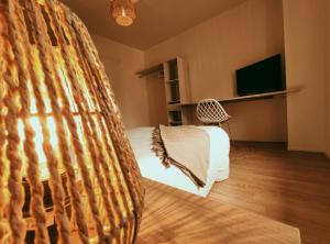 une chambre avec un lit, un fauteuil en osier et une télévision dans l'établissement L'Abri - Focalimmo (centre Foix), à Foix 8 autres photos