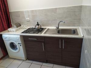 uma cozinha com um lavatório e uma máquina de lavar roupa em Квартира біля залізничного вокзалу em Vinnytsya