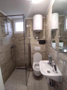 a bathroom with a shower and a toilet and a sink at Bellus Apartment-COMPLETELY RENOVATED in Split