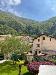 uma vista para uma aldeia com montanhas ao fundo em Mida & Lino' s House casa rustica em Solagna