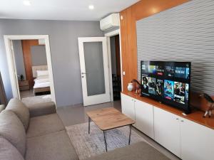 een woonkamer met een bank en een flatscreen-tv bij Levent Apartments in Istanbul