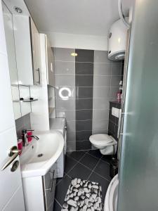 uma pequena casa de banho com lavatório e WC em Apartman Solin 1, parking em Solin