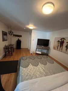 a bedroom with a bed and a flat screen tv at Complexe Dix80 in Mont-Laurier