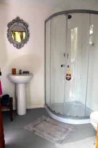 W łazience znajduje się szklana kabina prysznicowa i umywalka. w obiekcie Ndlovu Tiny Home Dinokeng w mieście Klipdrift