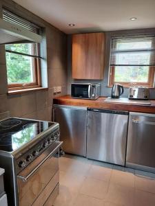 a kitchen with stainless steel appliances and a microwave at Blar na Leisg self catering Lodge 1 in Drumbeg