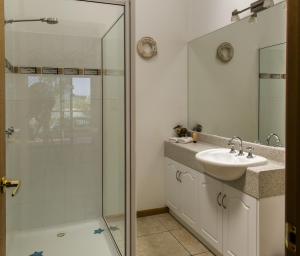 a bathroom with a shower, sink, and mirror at Abs by the Bay in Taranna