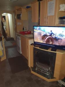 a television on a stand in a kitchen with a fireplace at R and B static Caravan in Skegness