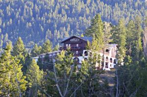 a large building in the middle of a forest at Radium Chalet in Radium Hot Springs