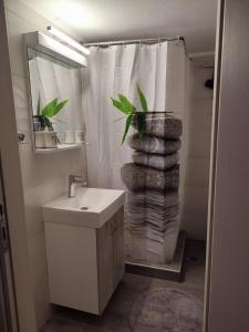 a bathroom with a sink and a shower curtain at Olena House in Kavála