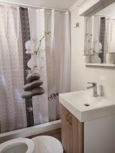 a bathroom with a sink and a toilet and a shower at Olena House in Kavala