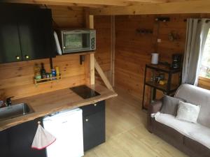 Chalet de La Peyramont في Lanarce: مطبخ وغرفة معيشة في كابينة خشب