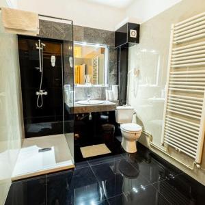 a bathroom with a toilet and a sink and a shower at Grand Hotel Baroc in Zalău