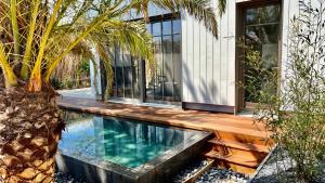 a swimming pool in front of a house with a palm tree at La Villa du Lac - piscine chauffée - Jacuzzi - clim in La Teste-de-Buch