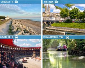 a collage of photos with people in a boat on a river at LA PALMERAIE -wifi fibre- centre ville -PROPERTY RENTAL NM in Fontenay-le-Comte