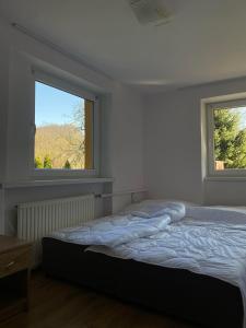 - un lit dans une chambre avec 2 fenêtres dans l'établissement Pokoje Gościnne Kurza Zagroda, à Jelenia Góra