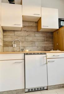 a kitchen with white cabinets and a wooden wall at Apartament 7 - Maja in Dziwnówek