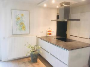 una cocina con una barra y un jarrón de flores en Vakantiehuis Villa 56, en Heel