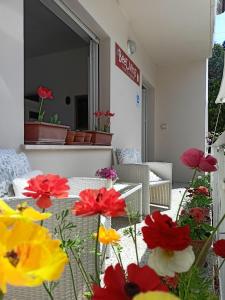 a patio with red and yellow flowers in the foreground at BeeLiving Room&Breakfast in Riccione