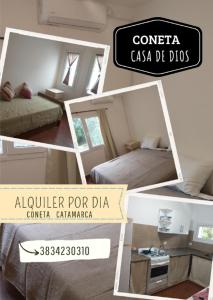 eine Collage mit Bildern eines Zimmers mit einem Schlafzimmer in der Unterkunft Coneta, casa de Dios in San Fernando del Valle de Catamarca
