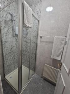 a shower with a glass door in a bathroom at Lyndon Guesthouse in Dublin