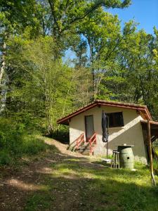 a cabin in the woods with a table and a umbrella at appartement meublé sur la route de Compostelle ! in Aire-sur-lʼAdour