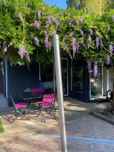 a table and chairs under a tree with purple flowers at Residence Saint Thomas in Hillion