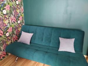un sofá verde con 2 almohadas blancas en una habitación en Apartament pod Złotą Małpą, en Głuchołazy