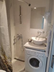 ein Badezimmer mit Waschmaschine und Waschbecken in der Unterkunft Chicago Studio Apartment in Ohrid