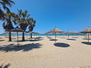 a group of umbrellas on a beach with palm trees at Valamar Residence Apartment A47 in Mullini i Danit