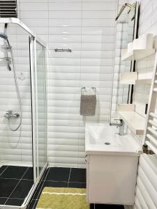 bagno bianco con lavandino e doccia di Galata Port Apartments a Istanbul