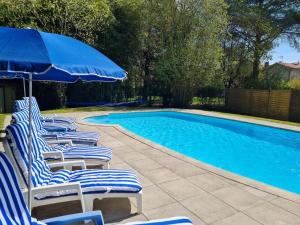 a group of lawn chairs with an umbrella next to a swimming pool at Fleur de Lys in Ansac-sur-Vienne