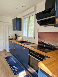 a kitchen with blue cabinets and a stove at La Maison de la Saye & SPA in Mios
