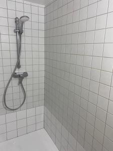萊克朗蘭比塞特爾的住宿－Superbe et accuiellent appartement，浴室铺有白色瓷砖,设有淋浴。
