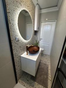 W łazience znajduje się umywalka i lustro. w obiekcie Garden Oasis w Zagrzebiu
