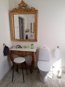 a bathroom with a toilet and a mirror at Ängbacka in Rejmyre