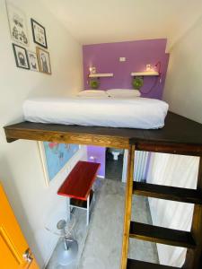 Habitación pequeña con cama y escritorio. en Crash Pad Adventure Hostel en Hopkins