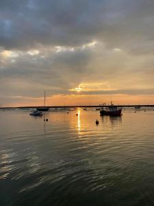 un grupo de barcos en el agua al atardecer en The Nutshell, en West Mersea