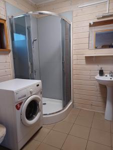 een badkamer met een douche en een wasmachine bij Domki na Górce in Wądzyn