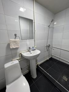 a bathroom with a toilet and a sink and a mirror at Iso Hostel in Tashkent