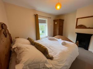 um quarto com uma cama grande e uma lareira em Holly Farm Cottage em Flixton