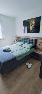 um quarto com uma cama com um quadro na parede em Apartment Franko em Pula