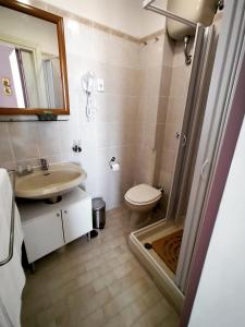 La salle de bains est pourvue d'un lavabo, de toilettes et d'une douche. dans l'établissement afra Bed & Breakfast, à Castellabate